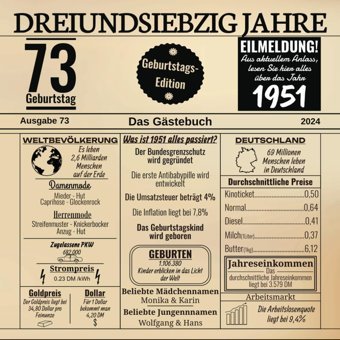 Dreiundsiebzig Jahre Das Gstebuchzum 73 Geburtstag 2024 / Geburtsjahr 1951 / Zeitung Design Mit Ereignissen Jahrgang 51 / Geschenk Und Und Fotos Einkleben / Geburtstagszeitung Ruush, Edition Independently Publıshed