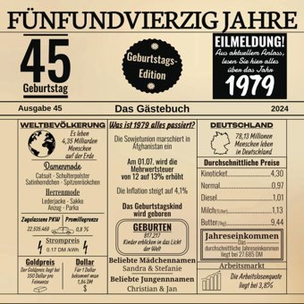 Fünfundvierzig Jahre Das Gstebuchzum 45 Geburtstag 2024 / Geburtsjahr 1979 / Zeitung Design Mit Ereignissen Jahrgang 79 / Geschenk Und Und Fotos Einkleben / Geburtstagszeitung Ruush, Edition Independently Publıshed
