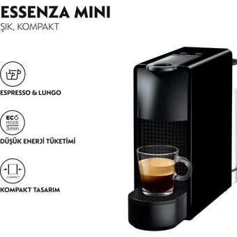 Nespresso Essenza Mini C30 Black 1450 W 0.9 lt Kapasiteli Süt Köpürtücülü Espresso Kapsül Kahve Makinesi