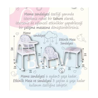 Baby Door 3104 3 in 1 Emniyet Kemerli 18 kg Kapasiteli Tekerleksiz Tepsili Oturaklı Portatif Mama Sandalyesi Kahverengi