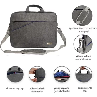 Vegmann AV6900 Düz Üç Gözlü Keten 15.6 inç Askılı Laptop Çantası Gri