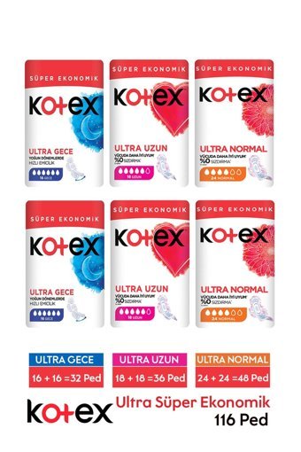 Kotex Ultra Orta 16'lı+18'li+24'lü Hijyenik Ped 6 Adet