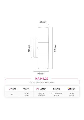 Nevo NA144.20 2'li Başlık Metal Led Aplik Bakır