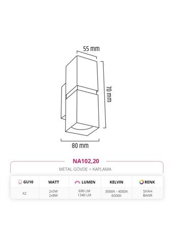 Nevo NA102.20 2'li Başlık Metal Led Aplik Siyah