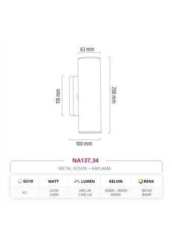 Nevo NA137.34 2'li Başlık Metal Led Aplik Beyaz