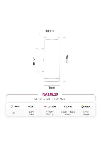 Nevo NA138.20 2'li Başlık Metal Led Aplik Siyah