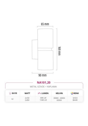 Nevo NA101.20 2'li Başlık Metal Led Aplik Siyah