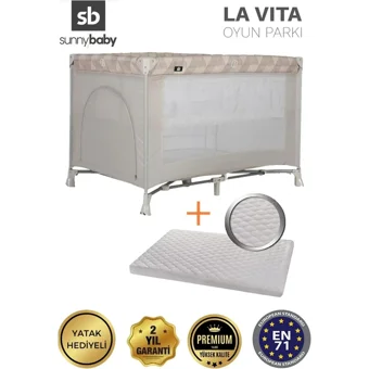 Sunny Baby La Vita 25 kg Kapasiteli Ayarlanabilir Taşınabilir Katlanabilir Ara Katlı 70x110 cm Sallanan Anne Yanı Park Yatak Bej+Yatak