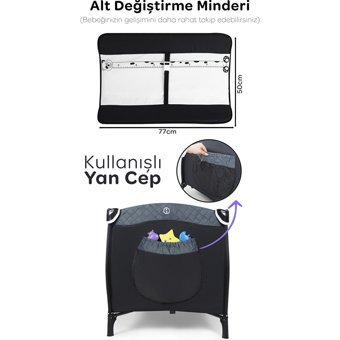 Prego Baby San Diego Alüminyum 20 kg Kapasiteli Ayarlanabilir Taşınabilir Katlanabilir Ara Katlı 70x120 cm Sallanan Anne Yanı Park Yatak Füme