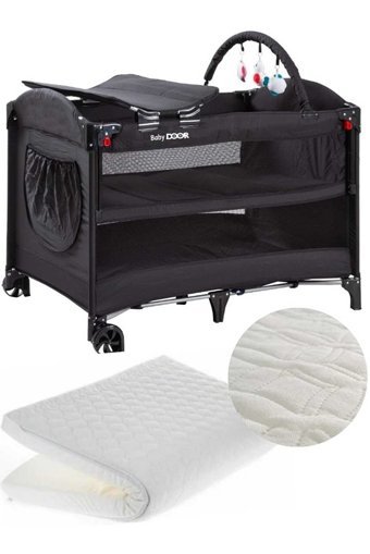 Babydoor Madre Pro 25 kg Kapasiteli Ayarlanabilir Taşınabilir Katlanabilir Ara Katlı 70x110 cm Sallanan Anne Yanı Park Yatak Gri+Yatak Hediyeli