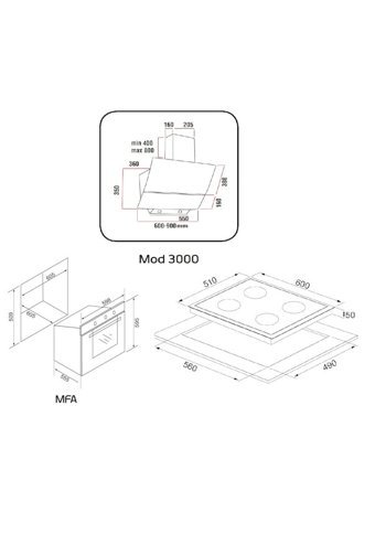 Alveus Europe MFA 627 - Vitro 641 - MOD 3000 Dokunmatik Elektrikli Cam Klasik Set Üstü Davlumbaz 3'lü Ankastre Set Siyah