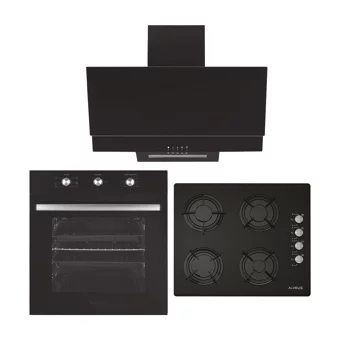 Alveus Gardenya 614 F17-GLS640-MFA614 Doğalgazlı Cam Klasik Set Üstü Davlumbaz 3'lü Ankastre Set Siyah