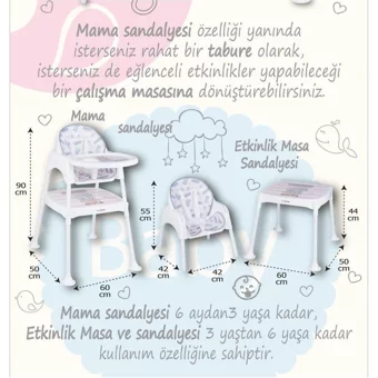 Baby Door Sugar 3 in 1 Emniyet Kemerli 18 kg Kapasiteli Tekerleksiz Tepsili Oturaklı Portatif Mama Sandalyesi Turkuaz