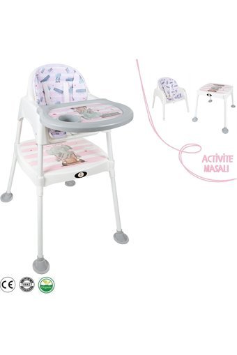 Baby Roys 3 in 1 Emniyet Kemerli 15 kg Kapasiteli Tekerleksiz Tepsili Oturaklı Portatif Mama Sandalyesi Pembe