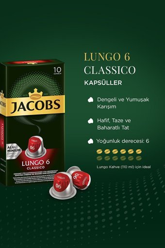 Jacobs 6 Classico Lungo 10x10'lu Kapsül Kahve