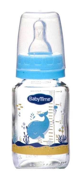 Babytime Bt074 Polipropilen Yenidoğan Kulpsuz 0-18 Ay Desenli Mavi Biberon 125 ml