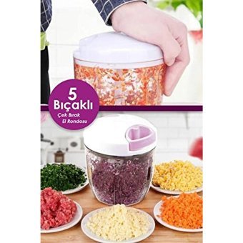 Grandzone 800 ml Plastik Hazneli 5 Bıçaklı İpli Doğrayıcı Kırmızı