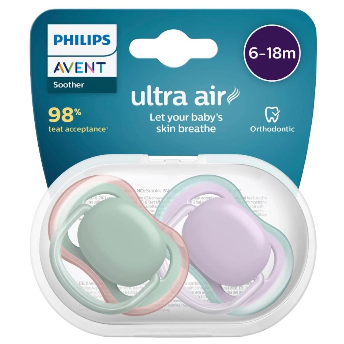 Philips Avent Ultra Air 6-18 Ay Fosforlu Delikli Ortodontik Silikon 2'li Emzik Yeşil-Mor