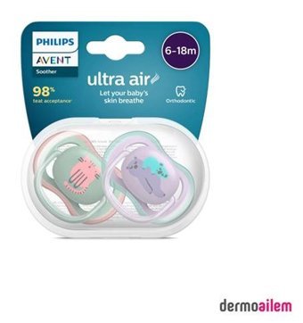 Philips Avent Ultra Air 6-18 Ay Delikli Ortodontik Damaklı Silikon 2'li Emzik Çok Renkli