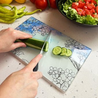 Decorita Temperli Cam Orta Beyaz-Mavi Tekli Kesme Tahtası