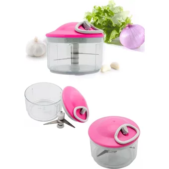 Nefertiya Plastik Hazneli Üç Bıçaklı Mini İpli Doğrayıcı Pembe