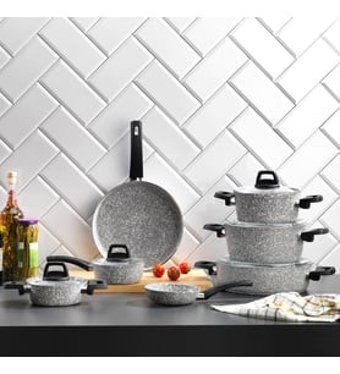 Schafer Dark Storm 12 Parça Cam Kapaklı Bakalit Saplı Granit Tencere Seti