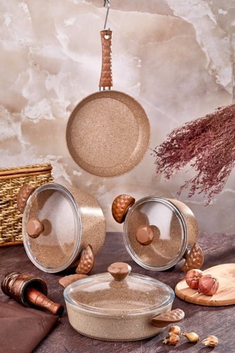 Taç Stone 7 Parça Cam Kapaklı Bakalit Saplı Granit Tencere Seti Bakır