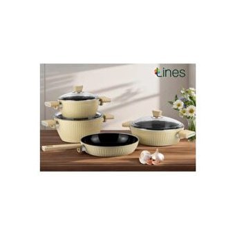 Lines Bio Kristal 7 Parça Cam Kapaklı Bakalit Saplı Seramik Tencere ve Tava Seti