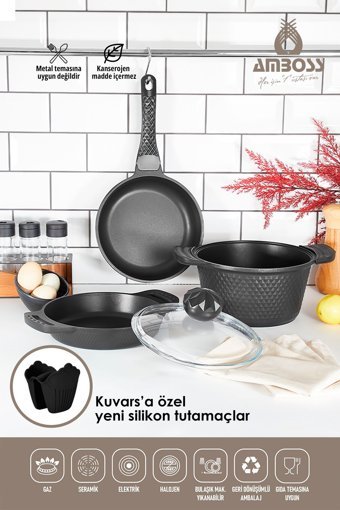 Amboss 4 Parça Cam Kapaklı Döküm Saplı Döküm Tencere ve Tava Seti