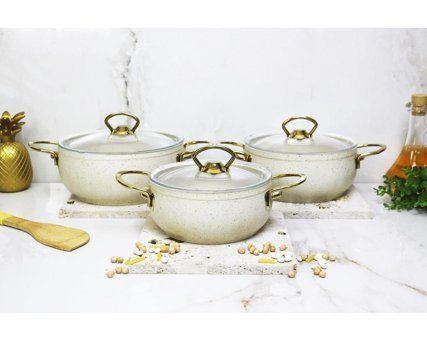 Evita Eco Gold 6 Parça Cam Kapaklı Çelik Saplı Granit Tencere Seti