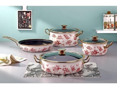 Bonera Lilium 7 Parça Cam Kapaklı Çelik Saplı Emaye Tava Seti