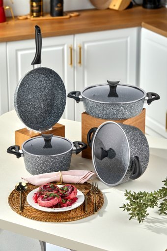 Taç Mastercook 7 Parça Cam Kapaklı Bakalit Saplı Granit Tencere Seti