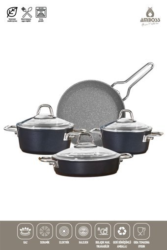 Amboss Crystal 7 Parça Cam Kapaklı Çelik Saplı Granit Tencere Seti Siyah