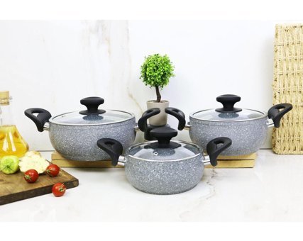 Evita Eco Bio 6 Parça Cam Kapaklı Bakalit Saplı Granit Tencere Seti