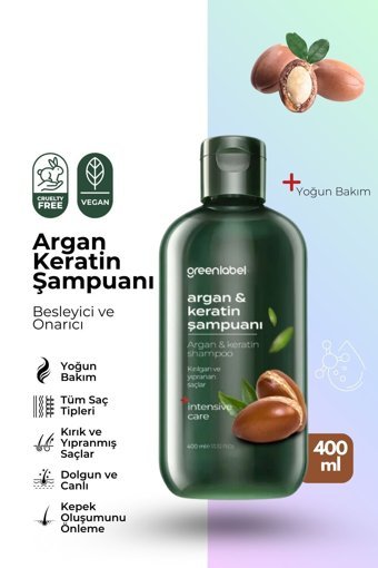 Greenlabel Besleyici-Onarıcı Düz Saçlar İçin Keratin Argan Yağlı Parabensiz Kremsiz Şampuan Unisex Şampuanı 400 ml