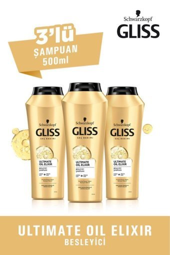 Gliss Oil Elixir Onarıcı Düz Saçlar İçin Argan Yağlı Kremsiz Şampuan Unisex Şampuanı 3x500 ml