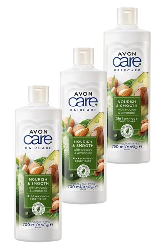 Avon Care Nourish & Smooth Onarıcı Düz Saçlar İçin Avokado-Badem Yağı Kremli Şampuan Unisex Şampuanı 3x700 ml