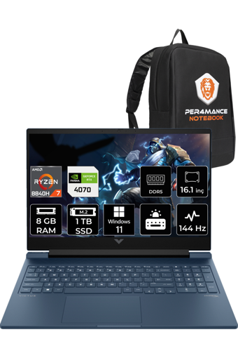 HP Victus 16 A05N7EA Harici GeForce RTX 4070 AMD Ryzen 7 8840H 8 GB DDR5 1 TB SSD 16.1 inç FHD Windows 11 Home Gaming Laptop PER4 ÇANTA