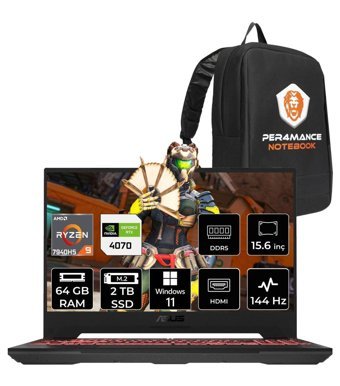 Asus TUF Gaming A15 LP043 Harici GeForce RTX 4070 AMD Ryzen 9 7940HS 64 GB DDR5 2 TB SSD 15.6 inç FHD Windows 11 Pro Gaming Laptop PER4 ÇANTA