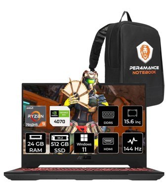 Asus TUF Gaming A15 LP043 Harici GeForce RTX 4070 AMD Ryzen 9 7940HS 24 GB DDR5 512 GB SSD 15.6 inç FHD Windows 11 Home Gaming Laptop PER4 ÇANTA