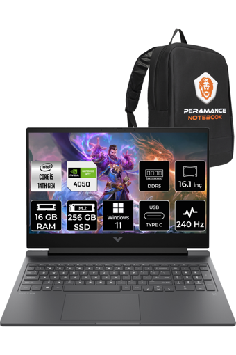 HP Victus 16 9J204EA Harici GeForce RTX 4050 Intel Core i5 14500HX 16 GB DDR5 256 GB SSD 16.1 inç QHD Windows 11 Home Gaming Laptop PER4 ÇANTA