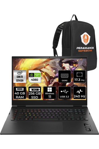 HP OMEN 17 892R0EA Harici GeForce RTX 4080 Intel Core i9 13900HX 40 GB DDR5 256 GB SSD 17.3 inç FHD Windows 11 Home Gaming Laptop PER4 ÇANTA