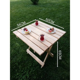 Aysebir 60x56 cm Tabureli Dikdörtgen Ahşap Katlanır Kamp Masası Bej