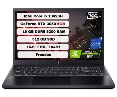 Acer Nitro V ANV15 Harici GeForce RTX 3050 Intel Core i5 13420H 16 GB DDR5 512 GB SSD 15.6 inç FHD Freedos Gaming Laptop