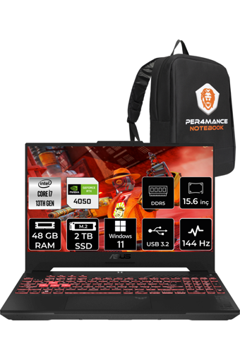 Asus TUF Gaming F15 LP260 Harici GeForce RTX 4050 Intel Core i7 13620H 48 GB DDR4 2 TB SSD 15.6 inç FHD Windows 11 Pro Gaming Laptop PER4 ÇANTA
