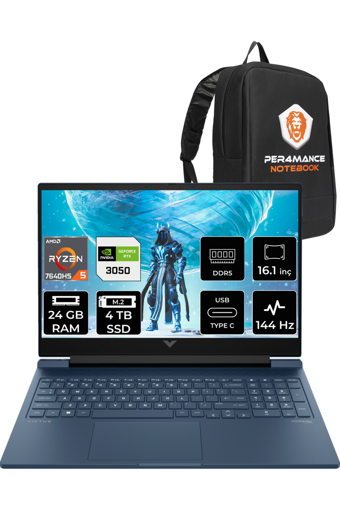 HP Victus 16 7Z4N2EA Harici GeForce RTX 3050 AMD Ryzen 5 7640HS 24 GB DDR5 4 TB SSD 16.1 inç FHD Freedos Gaming Laptop PER4 ÇANTA