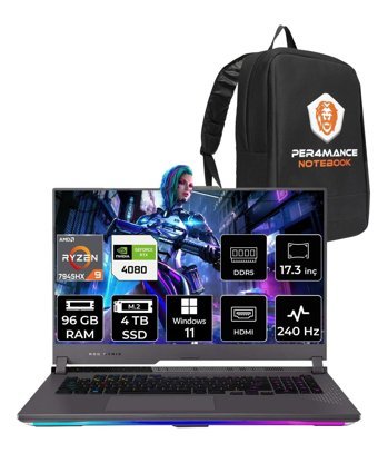 Asus ROG Strix SCAR 17 Harici GeForce RTX 4080 AMD Ryzen 9 7945HX 96 GB DDR5 4 TB SSD 17.3 inç WQHD Windows 11 Pro Gaming Laptop PER4 ÇANTA