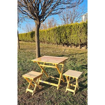 Esnature 70x50 cm 2 Tabureli Dikdörtgen Ahşap Katlanır Kamp Masası Kahverengi