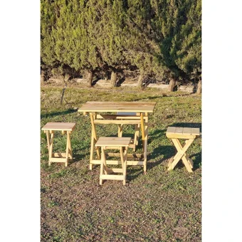 Esnature 70x50 cm 4 Tabureli Dikdörtgen Ahşap Katlanır Kamp Masası Kahverengi