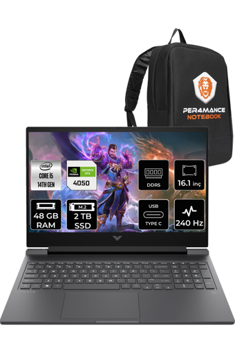 HP Victus 16 9J204EA Harici GeForce RTX 4050 Intel Core i5 14500HX 48 GB DDR5 2 TB SSD 16.1 inç QHD Freedos Gaming Laptop PER4 ÇANTA